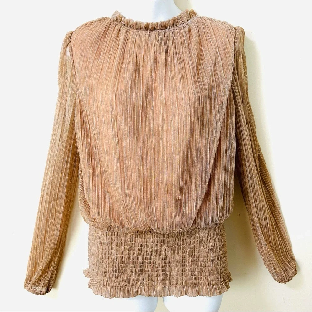 Joie Women’s metallic shimmer long sleeve smocked bottom Rose Gold blouse size M - Picture 2 of 8